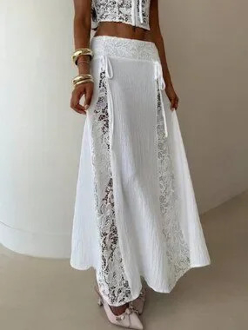 ZARA Elegant White Women's Low Waist Lace detailed maxi Skirt